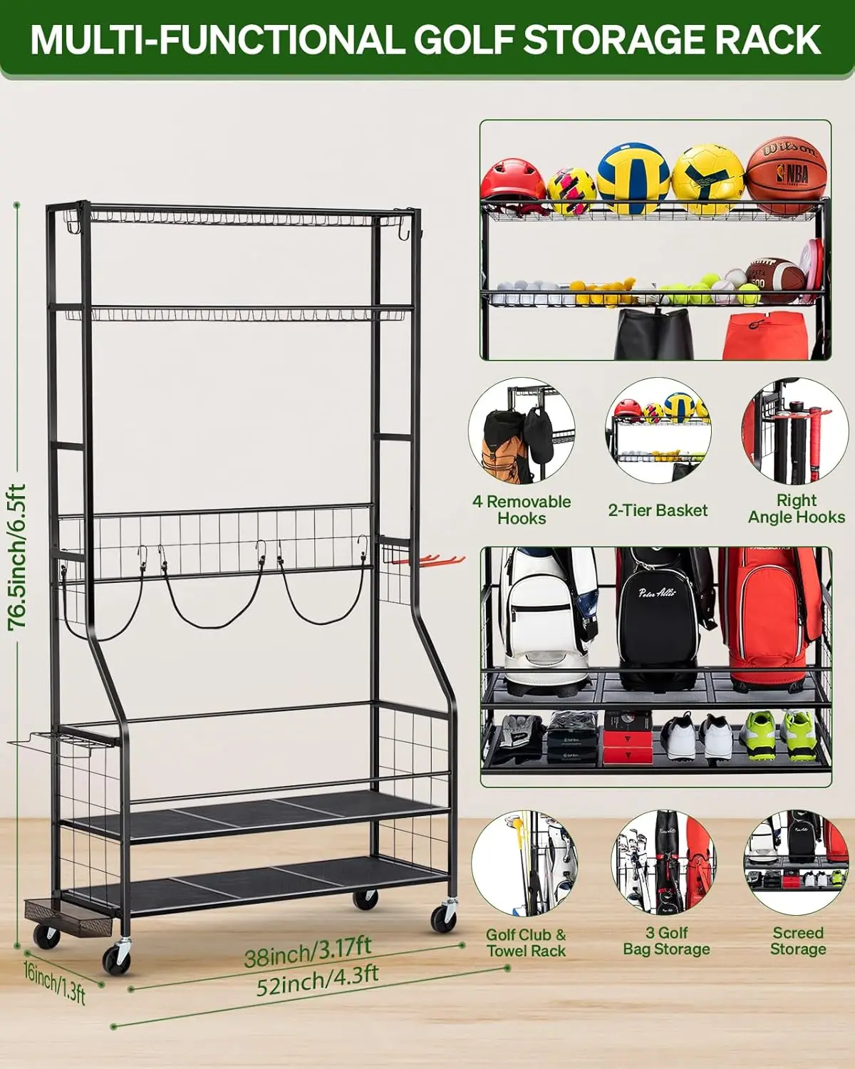 Golf Equipment Garage Organizer - Golf Bag Storage Garage Organizer, 3